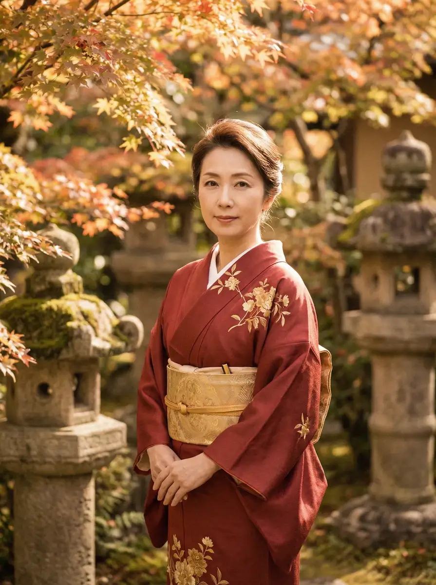 一位身穿暗红色和服的优雅 美景之屋电影完整版 在日式庭院中